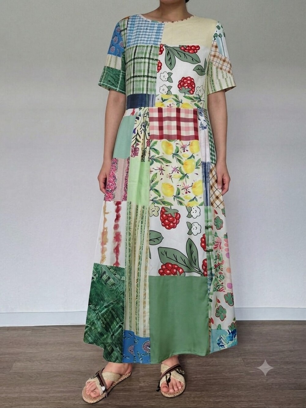 SHEIN Multi-Print Patchwork Maxi Dress in Green and Blue Accents